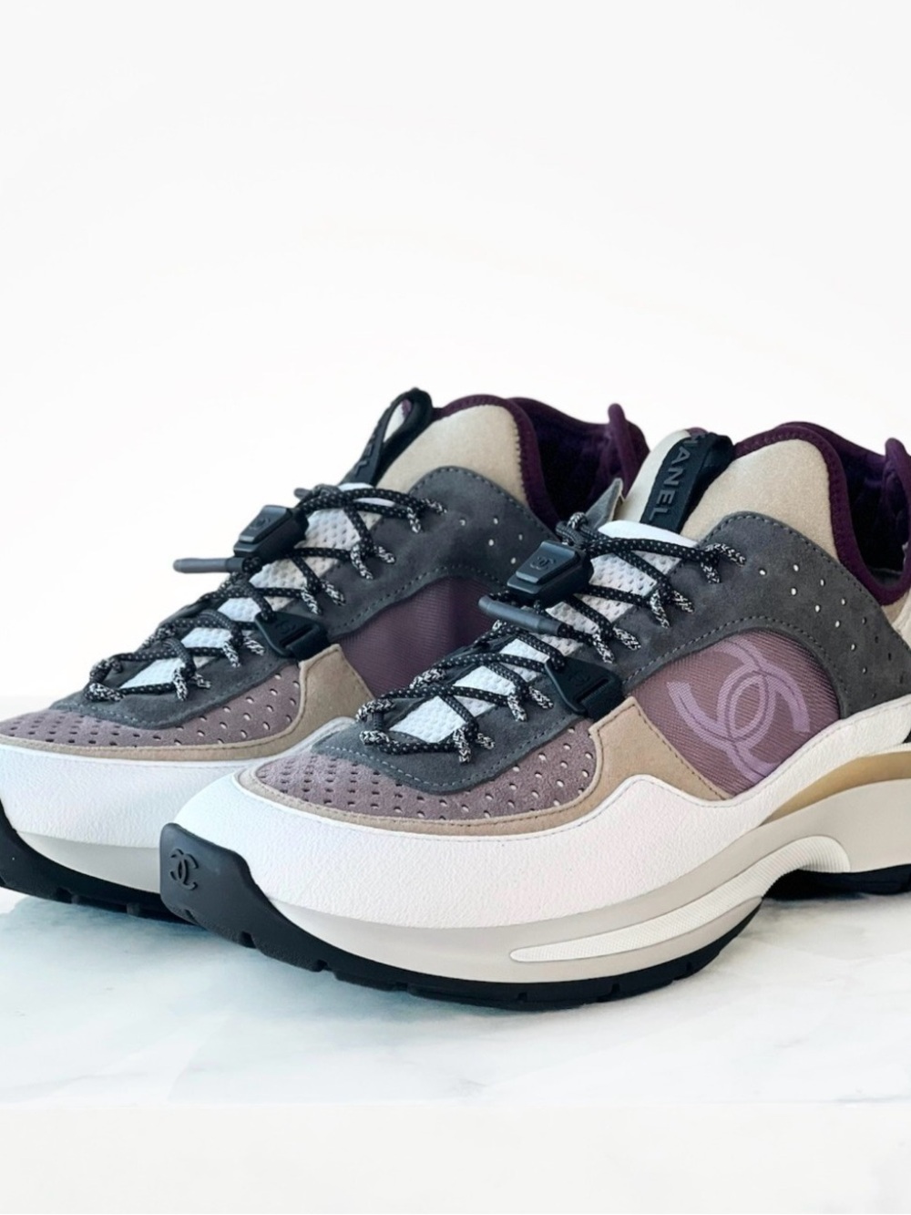 CHANEL Purple, Gray and White Suede with mess Lifestyle  Sneakers Size 6